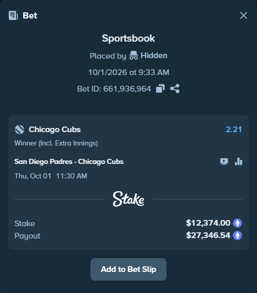 Bet slip: San Diego Padres - Chicago Cubs, $12,506.42 stake at 2.21 odds, placed by Hidden