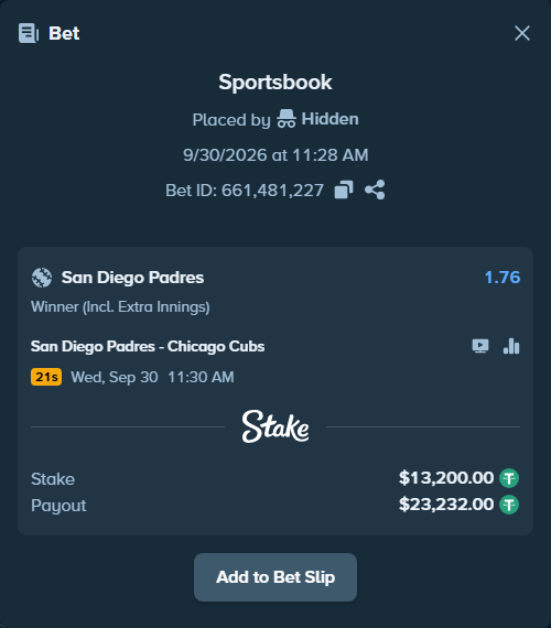 Bet slip: San Diego Padres - Chicago Cubs, $13,200.00 stake at 1.76 odds, placed by oscardv1981