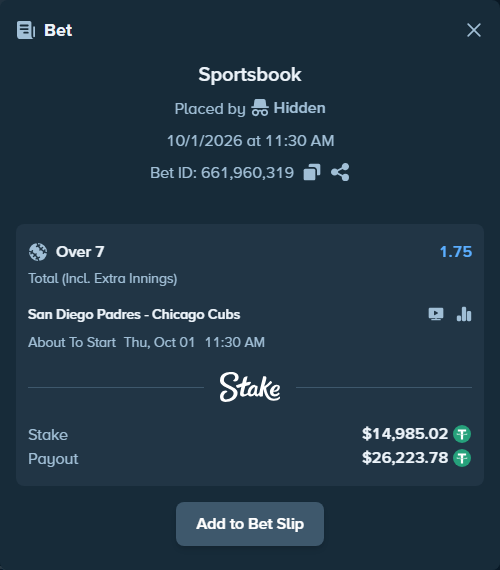 Bet slip: San Diego Padres - Chicago Cubs, $15,000.00 stake at 1.75 odds, placed by nandonzr