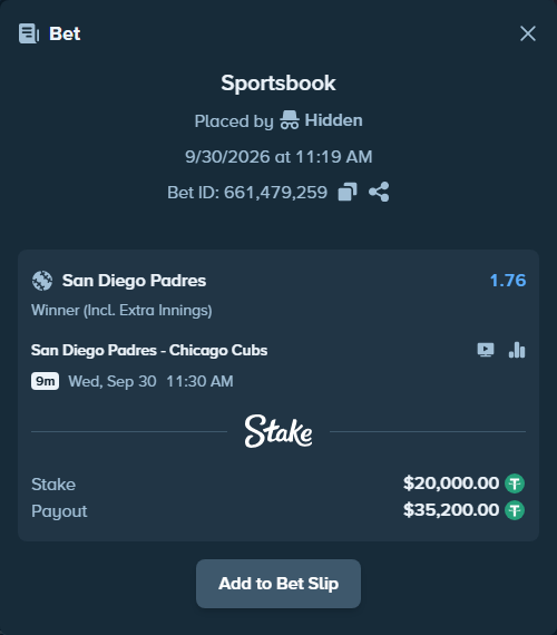Bet slip: San Diego Padres - Chicago Cubs, $20,000.00 stake at 1.76 odds, placed by nandonzr