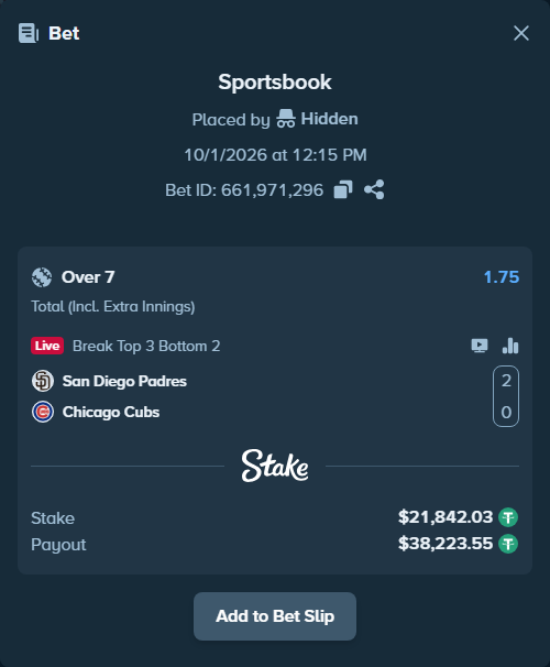 Bet slip: San Diego Padres - Chicago Cubs, $21,863.87 stake at 1.75 odds, placed by nandonzr