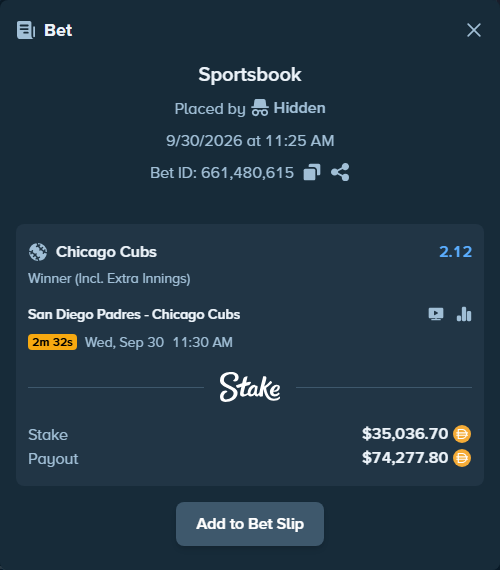 Bet slip: San Diego Padres - Chicago Cubs, $35,036.70 stake at 2.12 odds, placed by Hidden