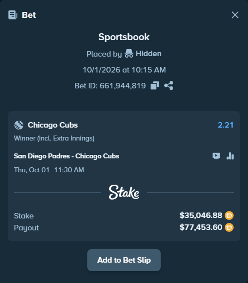 Bet slip: San Diego Padres - Chicago Cubs, $35,046.88 stake at 2.21 odds, placed by Hidden