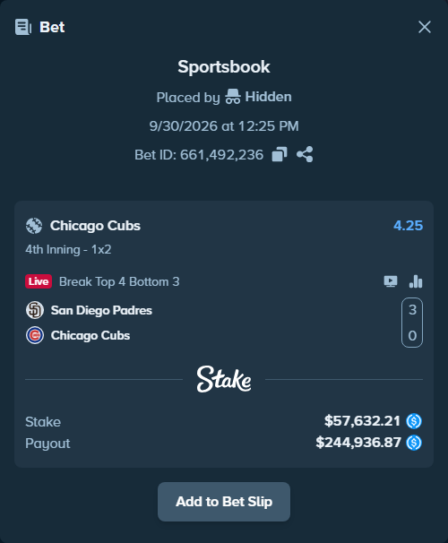 Bet slip: San Diego Padres - Chicago Cubs, $57,632.21 stake at 4.25 odds, placed by Hidden
