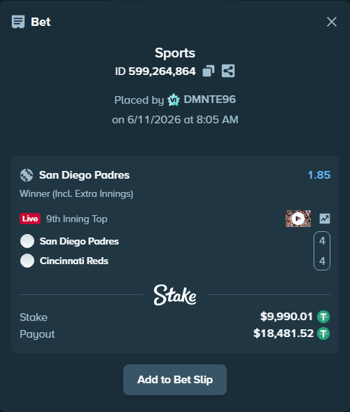 Bet slip: San Diego Padres - Cincinnati Reds, $10,000.00 stake at 1.85 odds, placed by DMNTE96