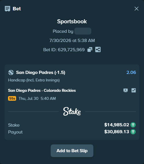 Bet slip: San Diego Padres - Colorado Rockies, $15,000.00 stake at 2.06 odds, placed by VadimKotlyar