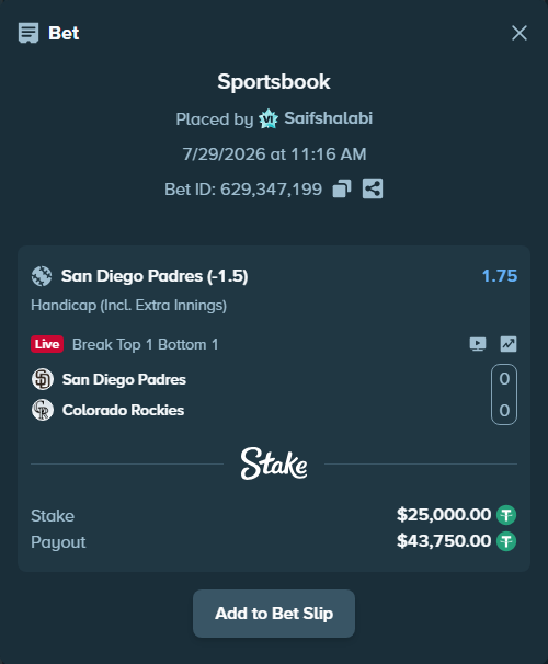 Bet slip: San Diego Padres - Colorado Rockies, $25,025.00 stake at 1.75 odds, placed by Saifshalabi