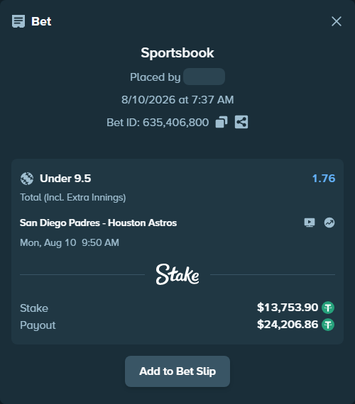Bet slip: San Diego Padres - Houston Astros, $13,767.65 stake at 1.76 odds, placed by mkunerth