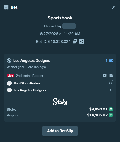Bet slip: San Diego Padres - Los Angeles Dodgers, $10,000.00 stake at 1.50 odds, placed by fadennesaroush