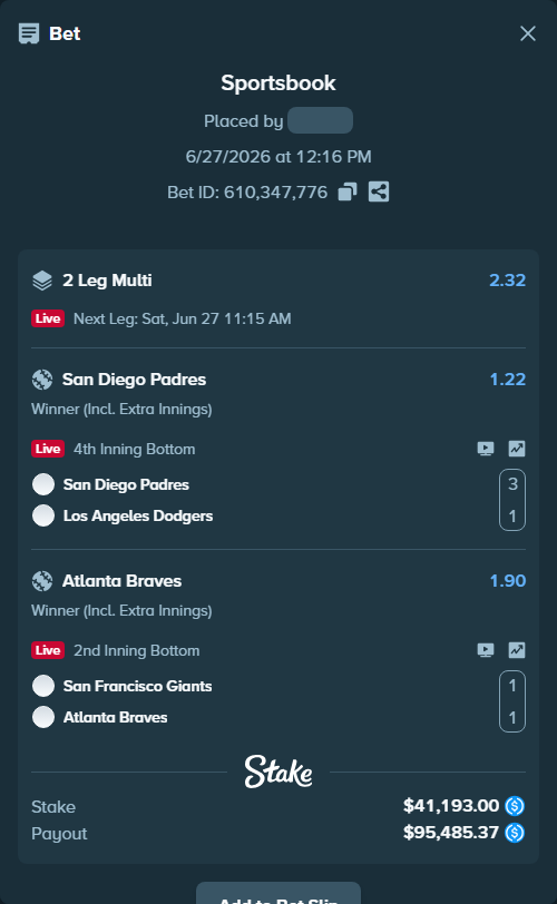 Bet slip: San Diego Padres - Los Angeles Dodgers, $41,193.00 stake at 1.22 odds, placed by piropiro12