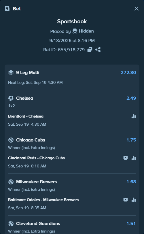 Bet slip: San Diego Padres - Miami Marlins, $10,000.00 stake at 2.55 odds, placed by Hidden