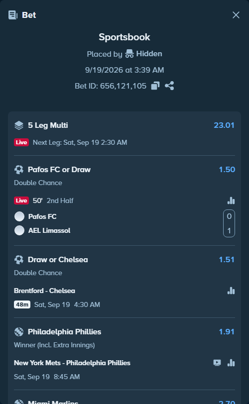Bet slip: San Diego Padres - Miami Marlins, $25,000.00 stake at 2.70 odds, placed by Hidden
