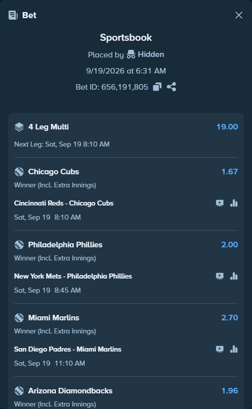 Bet slip: San Diego Padres - Miami Marlins, $25,000.00 stake at 2.70 odds, placed by Hidden