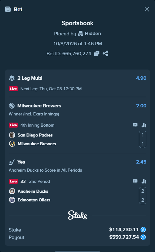 Bet slip: San Diego Padres - Milwaukee Brewers, $114,230.11 stake at 2.00 odds, placed by Hidden