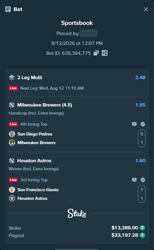 Bet slip: San Diego Padres - Milwaukee Brewers, $13,399.39 stake at 1.55 odds, placed by djawoals