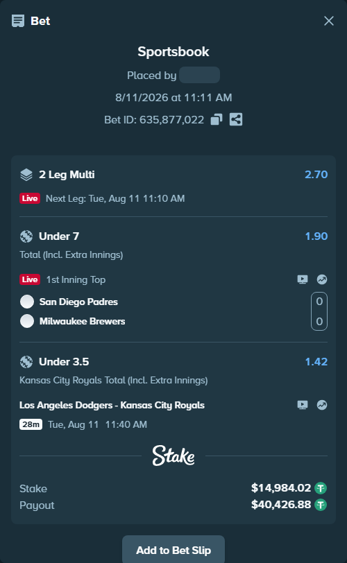 Bet slip: San Diego Padres - Milwaukee Brewers, $14,999.00 stake at 1.90 odds, placed by Rovangood