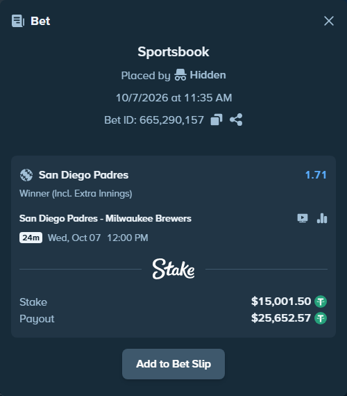 Bet slip: San Diego Padres - Milwaukee Brewers, $15,000.00 stake at 1.71 odds, placed by Hidden
