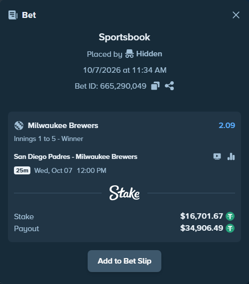 Bet slip: San Diego Padres - Milwaukee Brewers, $16,700.00 stake at 2.09 odds, placed by oscardv1981