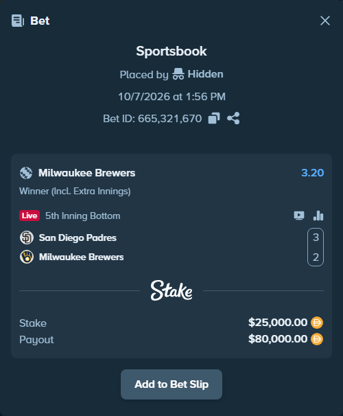 Bet slip: San Diego Padres - Milwaukee Brewers, $25,000.00 stake at 3.20 odds, placed by Hidden