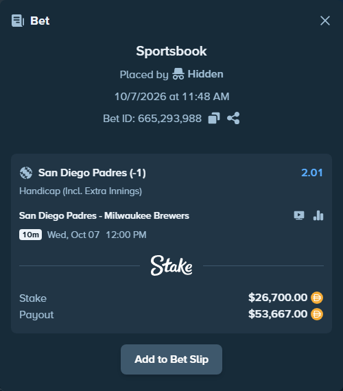 Bet slip: San Diego Padres - Milwaukee Brewers, $26,700.00 stake at 2.01 odds, placed by Hidden
