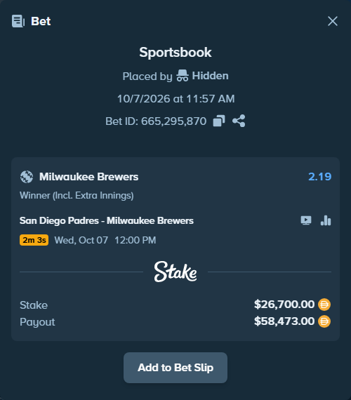 Bet slip: San Diego Padres - Milwaukee Brewers, $26,700.00 stake at 2.19 odds, placed by Hidden
