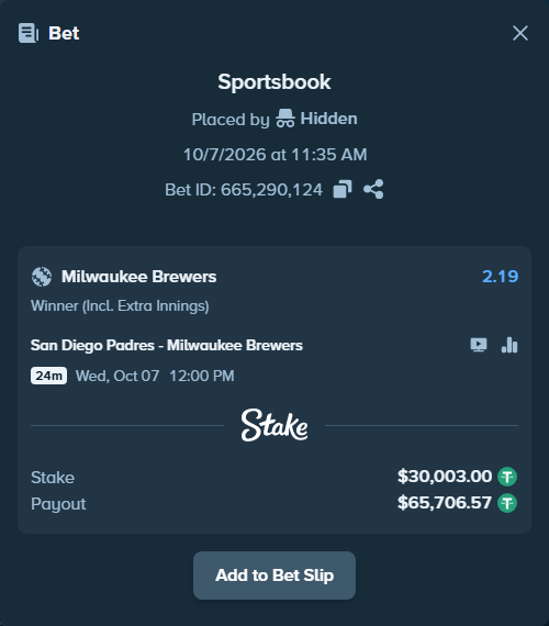 Bet slip: San Diego Padres - Milwaukee Brewers, $30,000.00 stake at 2.19 odds, placed by oscardv1981
