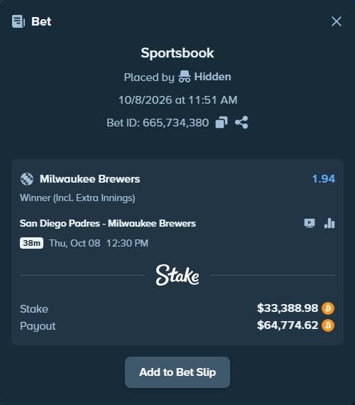Bet slip: San Diego Padres - Milwaukee Brewers, $33,132.00 stake at 1.94 odds, placed by Hidden