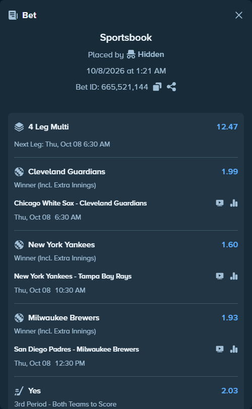 Bet slip: San Diego Padres - Milwaukee Brewers, $50,000.00 stake at 1.93 odds, placed by Hidden