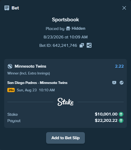 Bet slip: San Diego Padres - Minnesota Twins, $10,000.00 stake at 2.22 odds, placed by Hidden