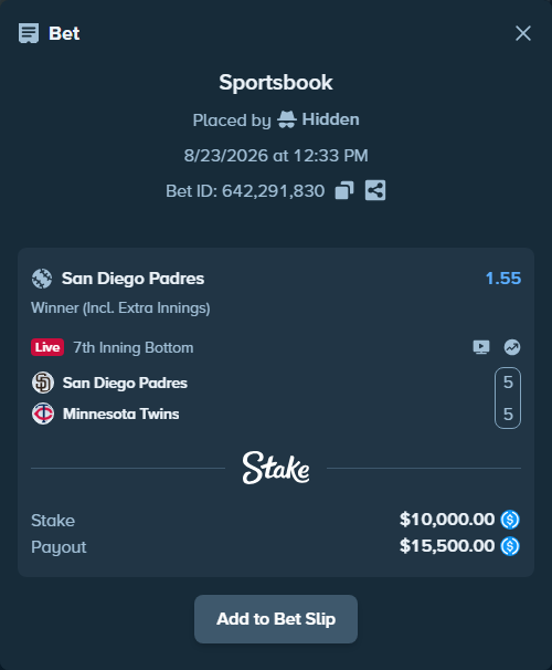 Bet slip: San Diego Padres - Minnesota Twins, $10,000.00 stake at 1.55 odds, placed by Hidden