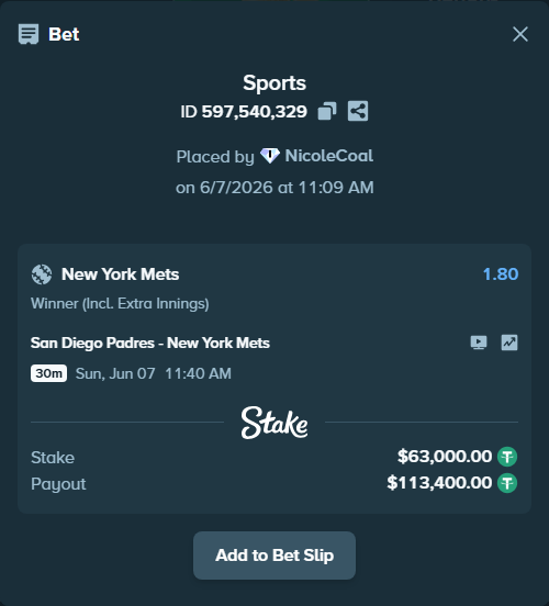Bet slip: San Diego Padres - New York Mets, $63,000.00 stake at 1.80 odds, placed by NicoleCoal