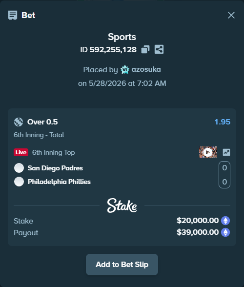 Bet slip: San Diego Padres - Philadelphia Phillies, $16,871.46 stake at 1.95 odds, placed by azosuka