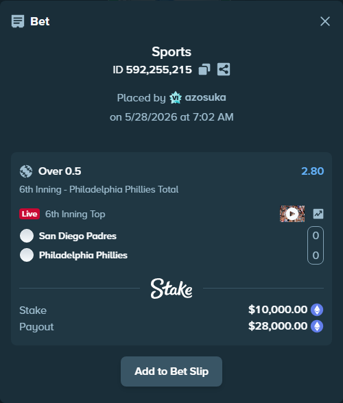 Bet slip: San Diego Padres - Philadelphia Phillies, $8,435.73 stake at 2.80 odds, placed by azosuka