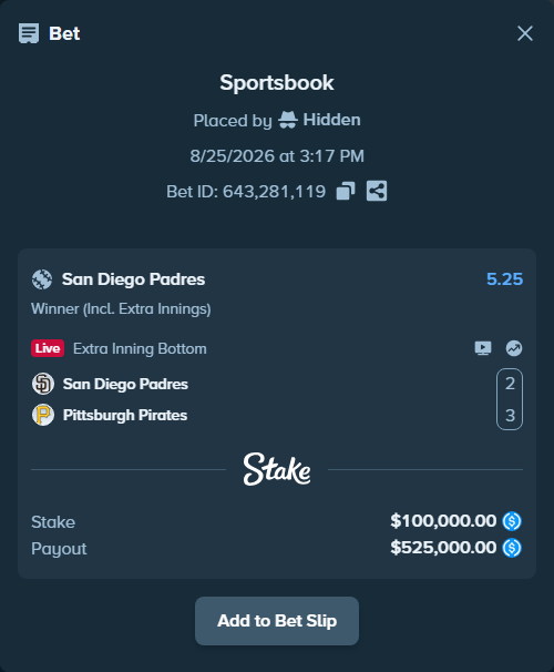 Bet slip: San Diego Padres - Pittsburgh Pirates, $100,000.00 stake at 5.25 odds, placed by Hidden