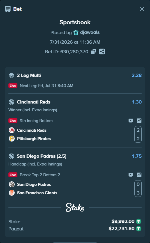 Bet slip: San Diego Padres - San Francisco Giants, $10,001.99 stake at 1.75 odds, placed by djawoals