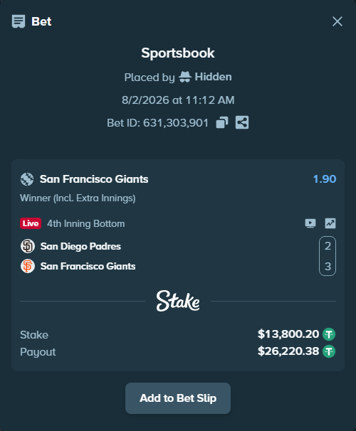 Bet slip: San Diego Padres - San Francisco Giants, $13,814.00 stake at 1.90 odds, placed by VadimKotlyar