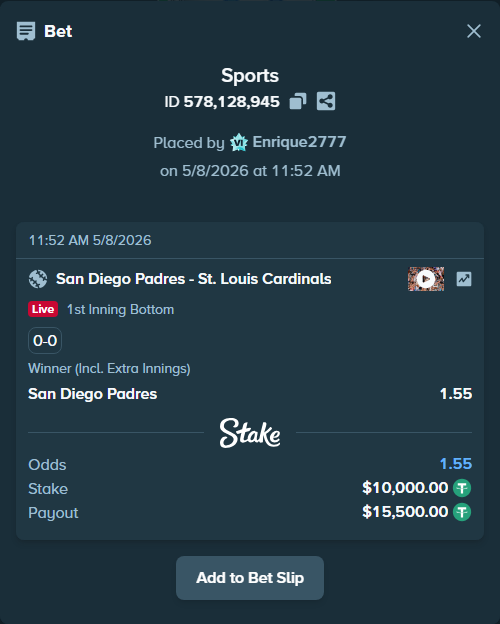 Bet slip: San Diego Padres - St. Louis Cardinals, $10,000.00 stake at 1.55 odds, placed by Enrique2777