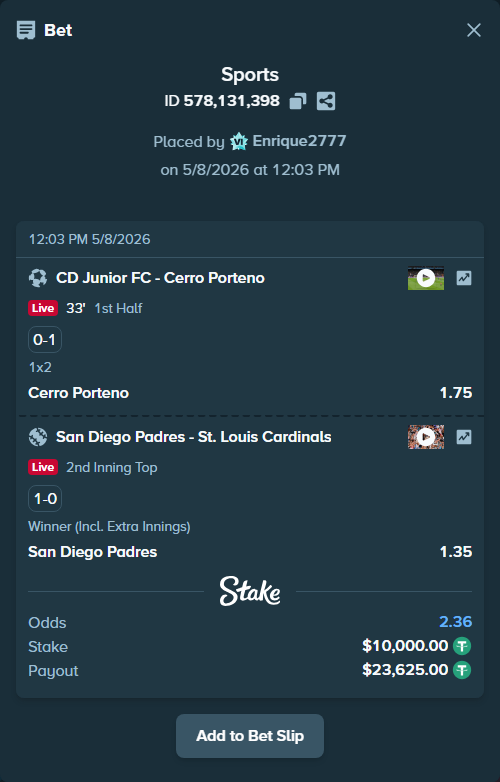 Bet slip: San Diego Padres - St. Louis Cardinals, $10,000.00 stake at 1.35 odds, placed by Enrique2777