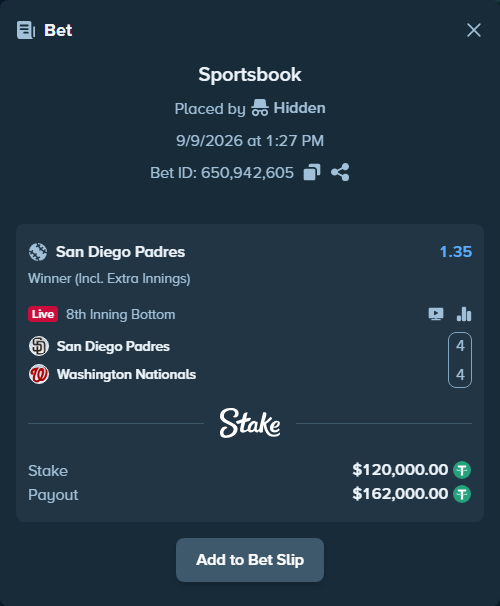 Bet slip: San Diego Padres - Washington Nationals, $120,000.00 stake at 1.35 odds, placed by Hidden