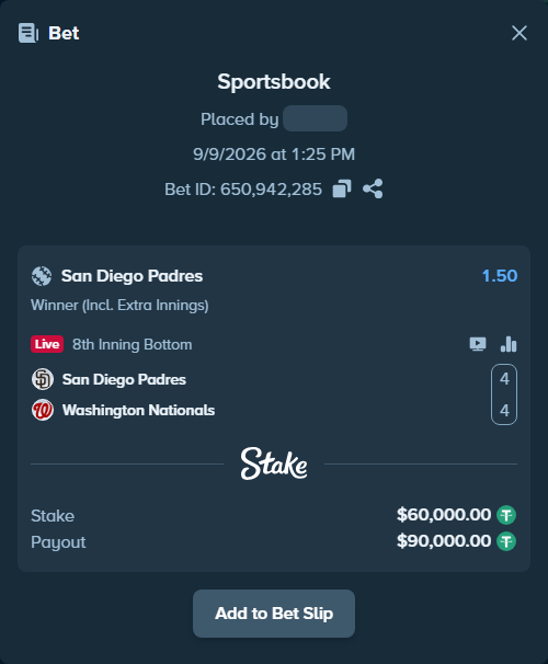 Bet slip: San Diego Padres - Washington Nationals, $60,000.00 stake at 1.50 odds, placed by ayoflasher