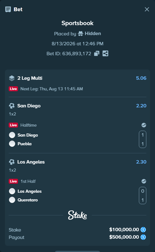 Bet slip: San Diego - Puebla, $100,000.00 stake at 2.20 odds, placed by Hidden