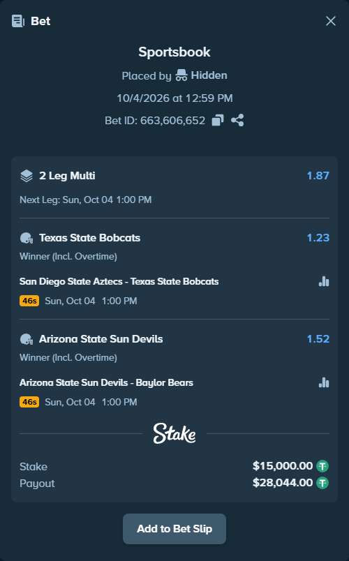 Bet slip: San Diego State Aztecs - Texas State Bobcats, $15,000.00 stake at 1.23 odds, placed by Hidden