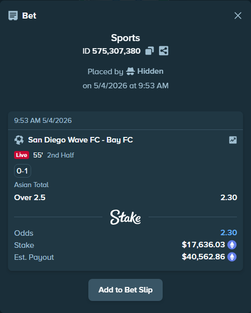 Bet slip: San Diego Wave FC - Bay FC, $14,575.59 stake at 2.30 odds, placed by Hidden