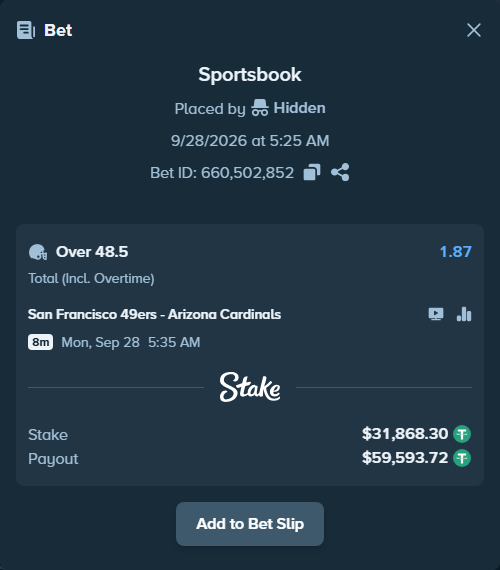 Bet slip: San Francisco 49ers - Arizona Cardinals, $31,868.30 stake at 1.87 odds, placed by dvento