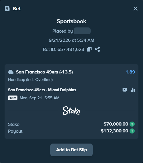 Bet slip: San Francisco 49ers - Miami Dolphins, $70,000.00 stake at 1.89 odds, placed by dvento