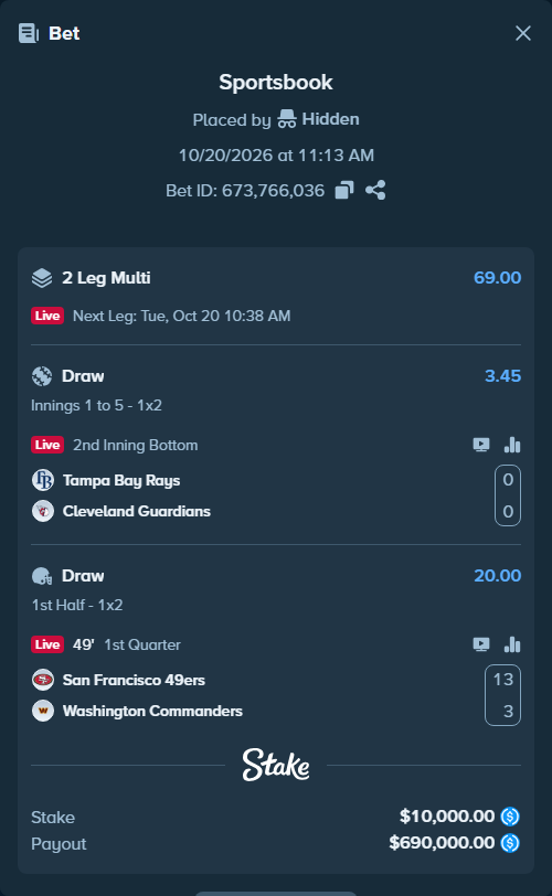 Bet slip: San Francisco 49ers - Washington Commanders, $10,000.00 stake at 20.00 odds, placed by Hidden