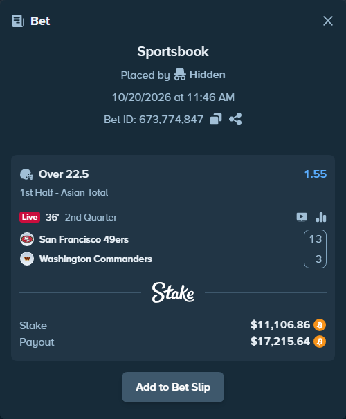 Bet slip: San Francisco 49ers - Washington Commanders, $11,106.77 stake at 1.55 odds, placed by Hidden