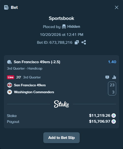 Bet slip: San Francisco 49ers - Washington Commanders, $11,259.54 stake at 1.40 odds, placed by Hidden