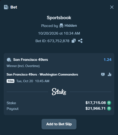 Bet slip: San Francisco 49ers - Washington Commanders, $17,732.80 stake at 1.24 odds, placed by Hidden