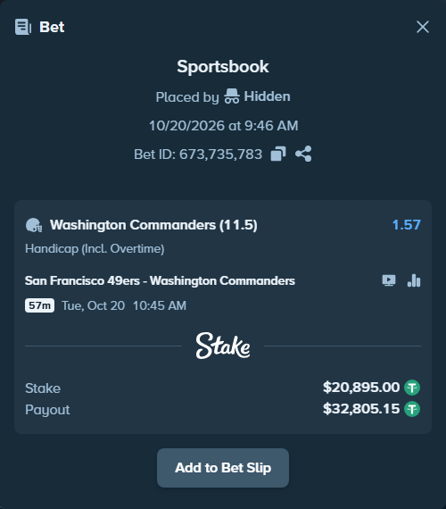 Bet slip: San Francisco 49ers - Washington Commanders, $20,915.89 stake at 1.57 odds, placed by Hidden